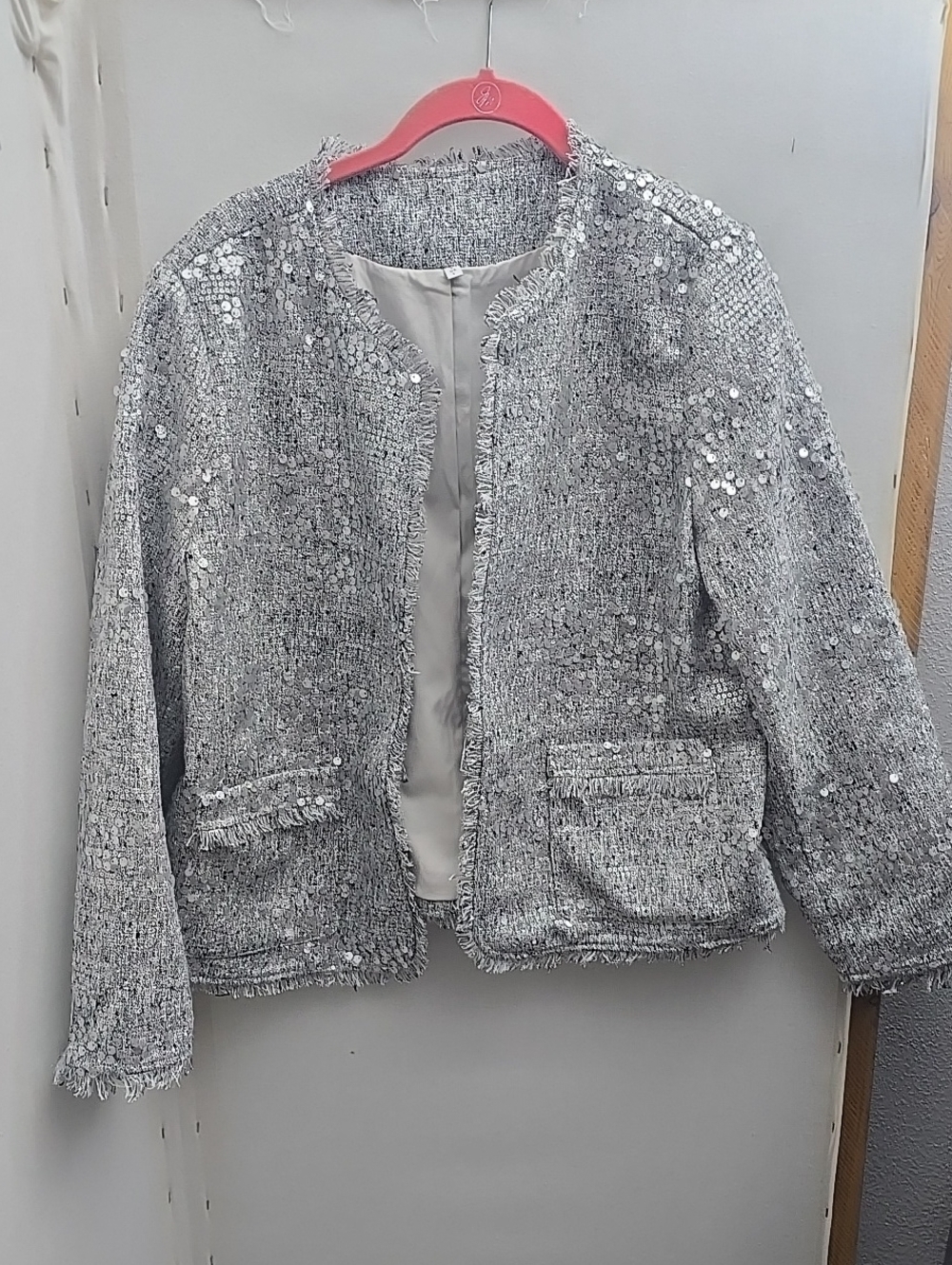 Chico's Silver Tweed Sequin Open-Front Jacket   Chico's Size 2